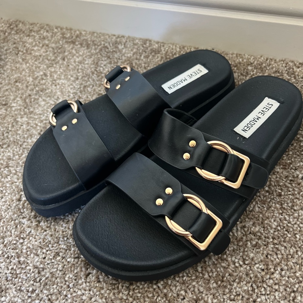 Steve Madden Black Double-Strap Slides with Gold Buckles